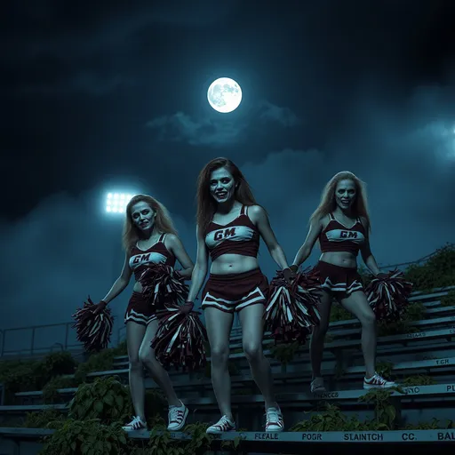 Prompt: (Creepy Zombie Cheerleaders), eerie atmosphere, moonlit night, decaying pom-poms, torn uniforms, haunting expressions, desolate stadium, overgrown weeds creeping on the bleachers, dark and muted colors, shadows and fog, unsettling ambiance, high-quality, ultra-detailed, chilling vibes, tension-filled scene, cinematic, horror elements.