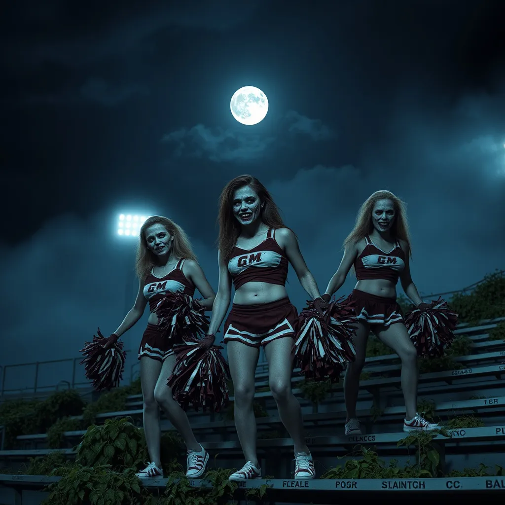 Prompt: (Creepy Zombie Cheerleaders), eerie atmosphere, moonlit night, decaying pom-poms, torn uniforms, haunting expressions, desolate stadium, overgrown weeds creeping on the bleachers, dark and muted colors, shadows and fog, unsettling ambiance, high-quality, ultra-detailed, chilling vibes, tension-filled scene, cinematic, horror elements.