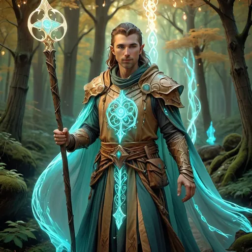 Prompt: Male Healer (D&D style), intricate fantasy armor, healing staff glowing with magical energy, serene expression, long flowing robes, mystical symbols adorning the outfit, surrounded by soft glowing lights, enchanted forest backdrop, warm color tones, soft ethereal illumination, high detail, 4K resolution, captivating and enchanting ambiance, representing hope and tranquility.