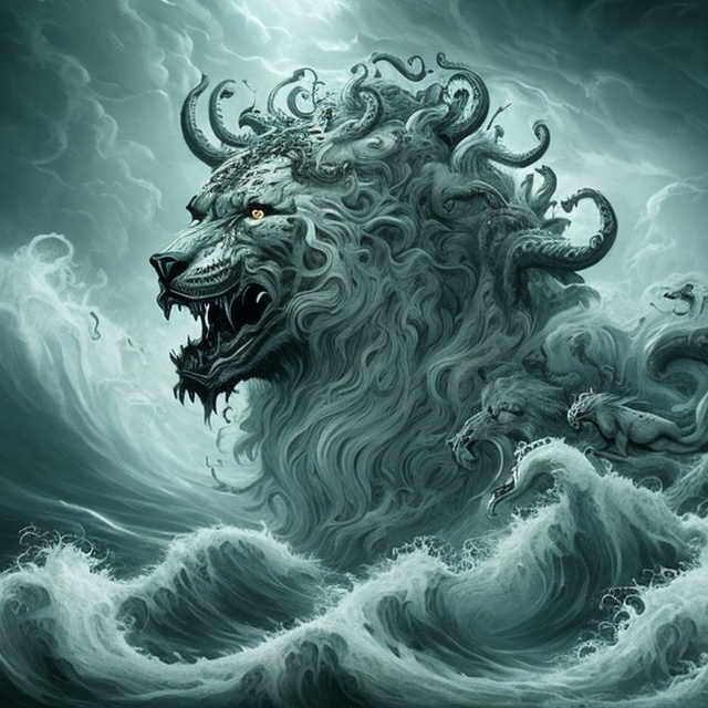 Prompt: The Seven-Headed Beast: Imagine a terrifying beast emerging from the sea, with seven heads and ten horns. Each head is adorned with a blasphemous name, and the beast has the body of a leopard, the feet of a bear, and the mouth of a lion. In the background, the sea is turbulent, with crashing waves and dark skies.