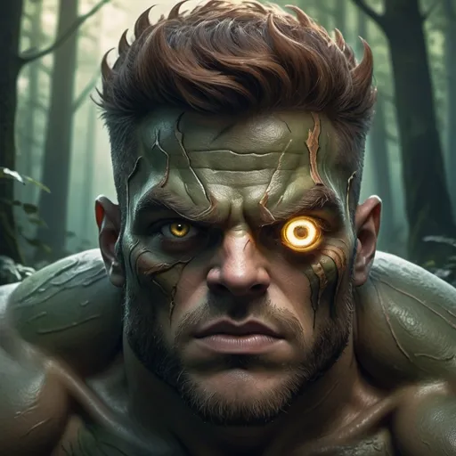 Prompt: (Cyclops), mythical creature with an enormous single eye, muscular build, rugged features, dramatic lighting, dark and moody atmosphere, mystical forest background, looming shadows, detailed texture of skin, enchanting color palette, deep greens and browns, highly detailed, illustrative style, captivating and fierce expression, enchanting scene, fantasy art aesthetic, ultra-detailed, high quality 4K resolution.