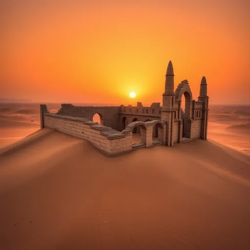 Prompt: Desert Monastery Ruins: A forgotten monastery in the middle of a vast, arid desert. Sand dunes partially bury the crumbling stone structure, but the remains of tall spires and arches still stand tall. The sky above is a deep orange as the sun sets, casting long shadows over the ruins.