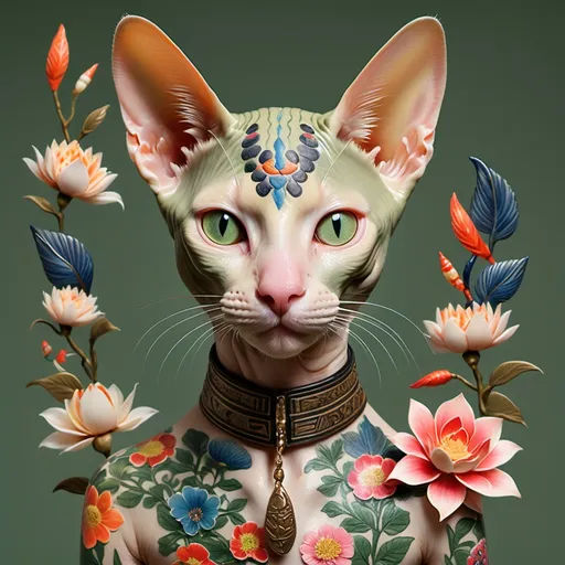 Prompt: HD photo of a hairless Egyptian cat with colorful Japanese tattoo pattern of flowers and koi fish in the body and head, highly detailed, olive green background, colorful fine porcelain floral print on leather. Heavenly and ethereal, resplendent. Timothée Chalamet. Exhibition of works of art —ar 2:3 —quality 2 —stylize 500 —v 6.1

!