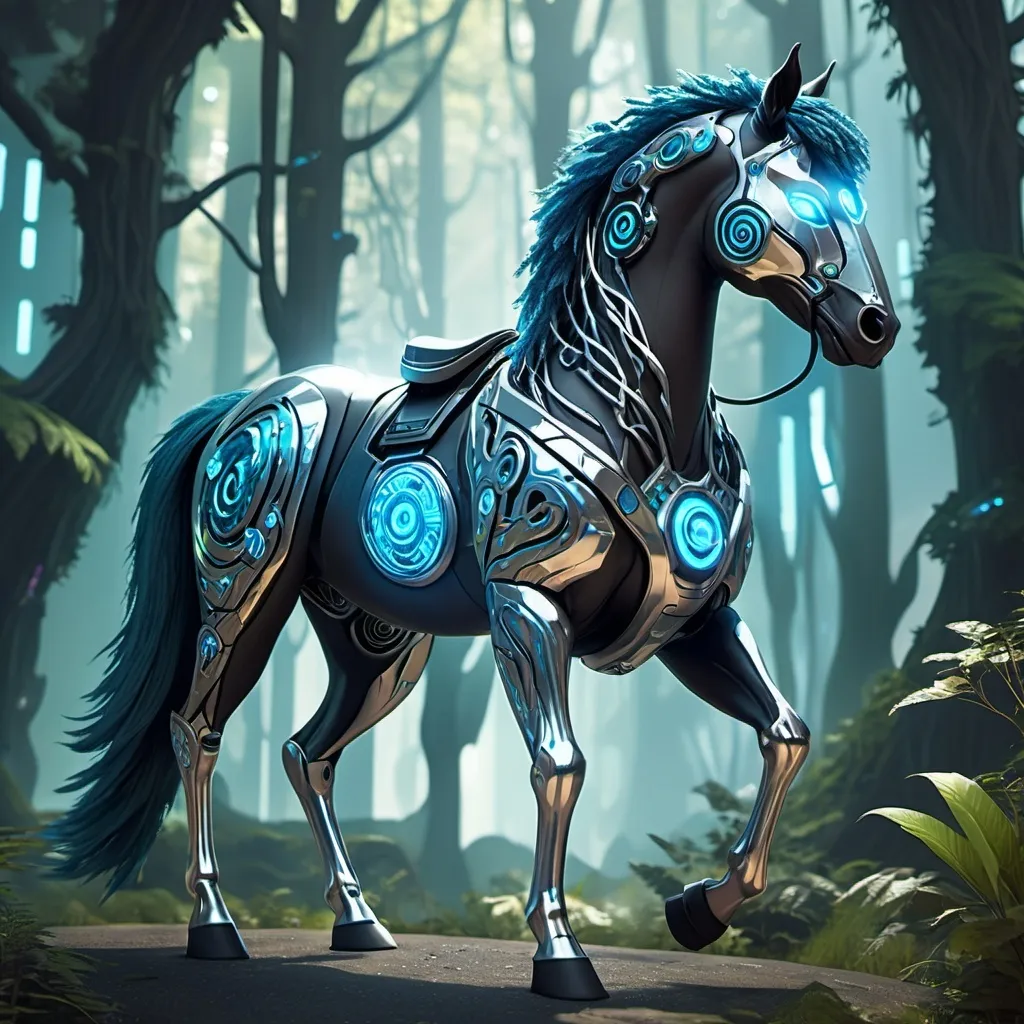 Prompt: A powerful cyberpunk centaur druid, with a sleek, chrome-covered horse body and glowing blue eyes. The centaur druid's upper half is adorned with digital tattoos, and they wear a futuristic robe made of nanofibers that shimmer with holographic designs of nature. The druid is channeling a spell, with holographic vines and digital animals swirling around them in a blend of nature and technology. The scene is set in a futuristic forest, where towering metal trees are integrated with glowing, artificial plants."