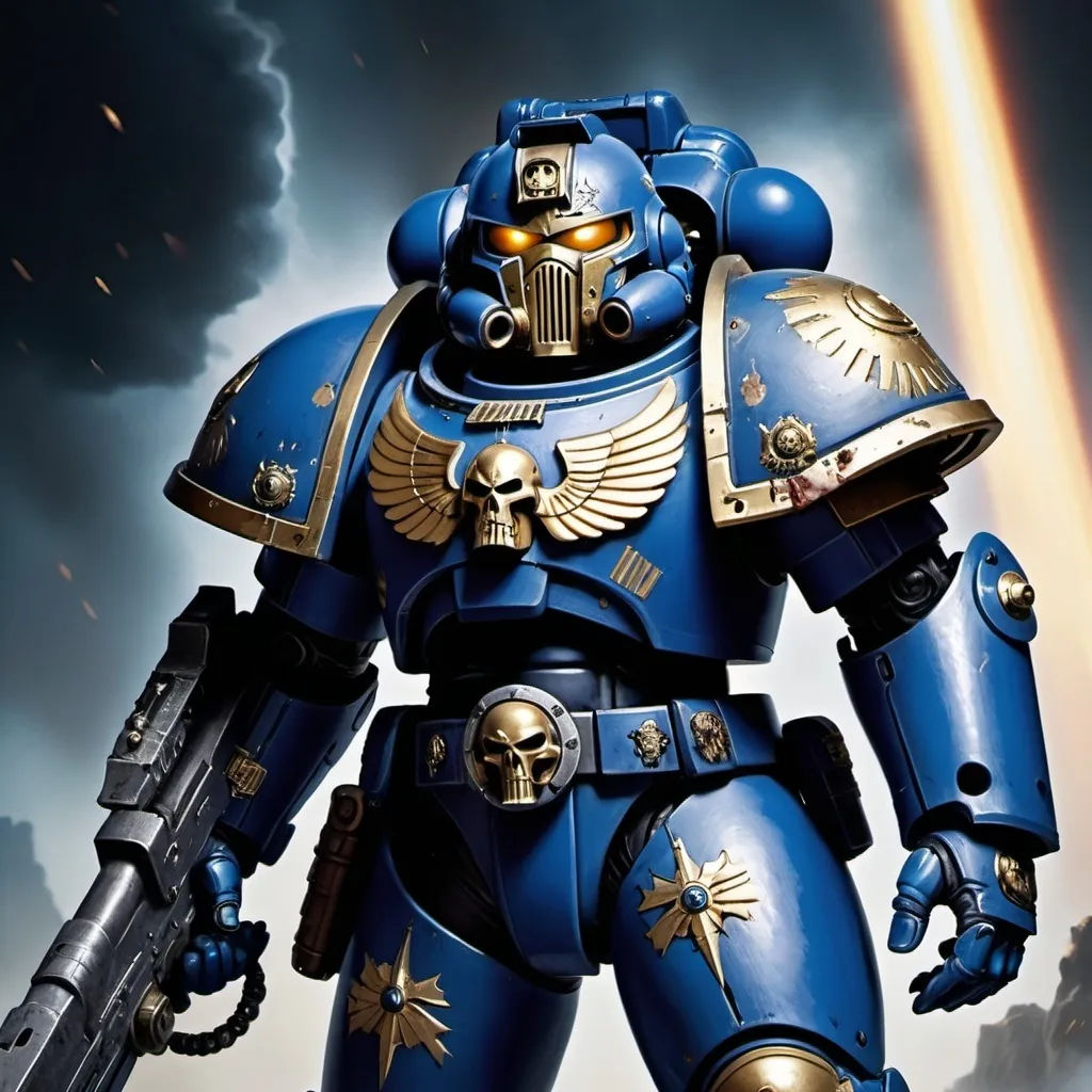 Prompt: "A stern Space Marine Commander from the Ultramarines Chapter, wearing Mark X power armor in deep blue with gold trim. His armor is adorned with purity seals, and he holds a glowing power sword in one hand and a storm bolter in the other. The Commander stands on the deck of a battle-scarred spaceship, overlooking a distant battle. His helmet is off, revealing a scarred face with a determined expression, short-cropped gray hair, and a bionic eye."