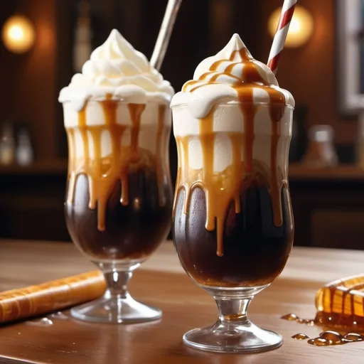 Prompt: (Delicious root beer float), creamy vanilla ice cream, frothy root beer, (colorful glass), dripping caramel sauce, inviting foam bubbles, contrasting brown and white layers, cozy and indulgent atmosphere, vibrant lighting, mouthwatering texture, detailed bubbles rising to the surface, (ultra-detailed), (4K) quality, inviting and refreshing aesthetic.