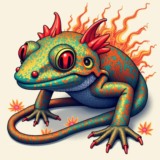 Prompt: A vibrant line-draft illustration of a gecko, rich in color and detail, filled with retro Xiangyun elements that evoke the intricate complexity of humanity. The composition blends realistic absurdity with high-detail patterns, creating a captivating, colorful scene.