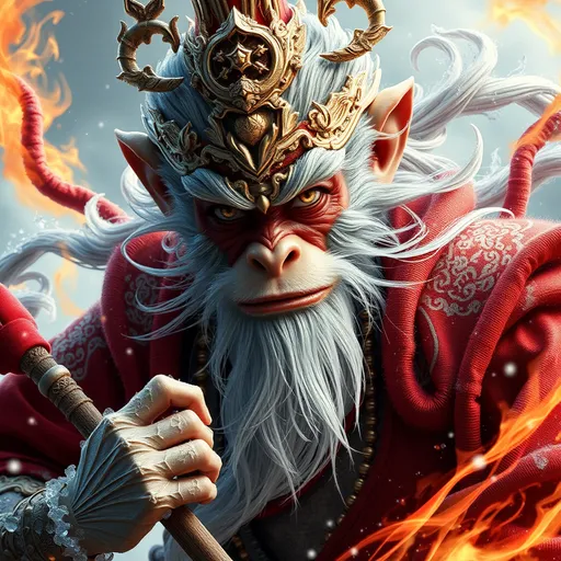 Prompt: hyper detailed masterpiece, dynamic, awesome quality, icy, firey male sun wukong, Mythical Monkey King from Chinese folklore, immense strength & magical powers, master of transformation & combat, mischievous & rebellious spirit, perseverance, cunning, intricate highly detailed 8k