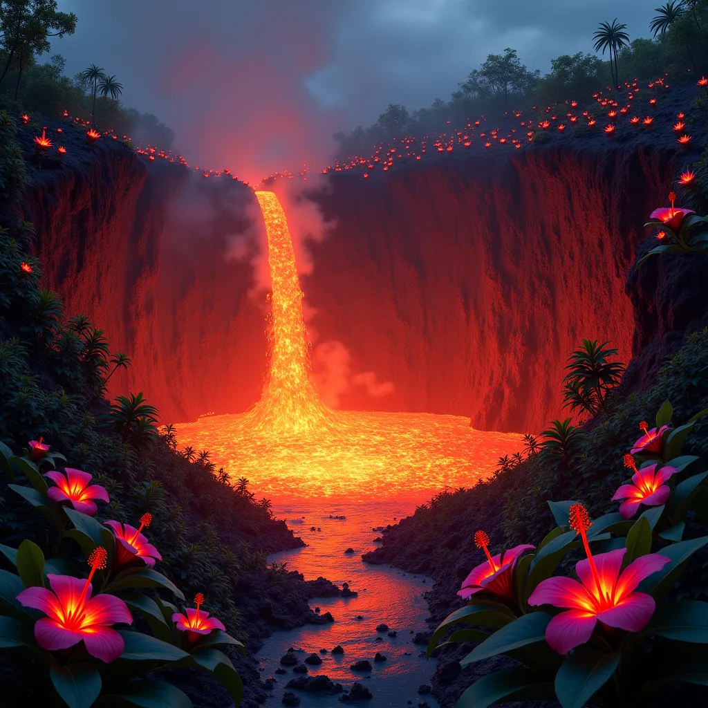 Prompt: A depiction of a glowing, lava-filled volcanic crater that has transformed into a secret, magical garden of bioluminescent hibiscus flowers thriving amidst the heat.
