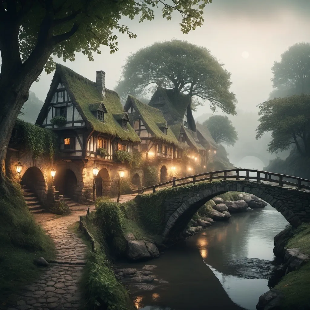 Prompt: (small settlement), foggy atmosphere, (bridge and river), dramatic (fantasy settlement scene), cinematic lighting, high contrast, muted earth tones, mist gently rolling over the water, old stone bridge with ivy, small huts with thatched roofs, glow of lanterns, enigmatic, mystical mood, medieval architecture, forested background, towering trees, ultra-detailed, high resolution.