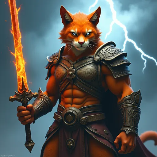 Prompt: A hyper-realistic, muscular humanoid cat warrior with striking, vibrant fur and piercing eyes. They wear rugged armor with ancient engravings and hold a glowing sword. The character stands confidently against a stormy sky, with lightning illuminating the background.