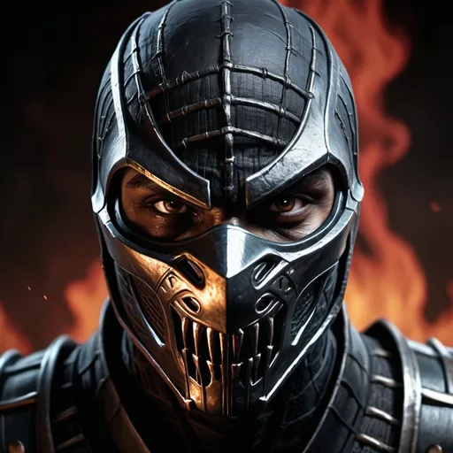 Prompt: Close-up image of (Mortal Kombat Noob Saibot), intense expression, detailed facial features showcasing determination, intricately designed mask and armor, dramatic lighting casting shadows, vibrant colors emphasizing the heat of battle, (4K resolution), cinematic ambiance, dynamic background with a blurred action scene evoking intensity and tension.