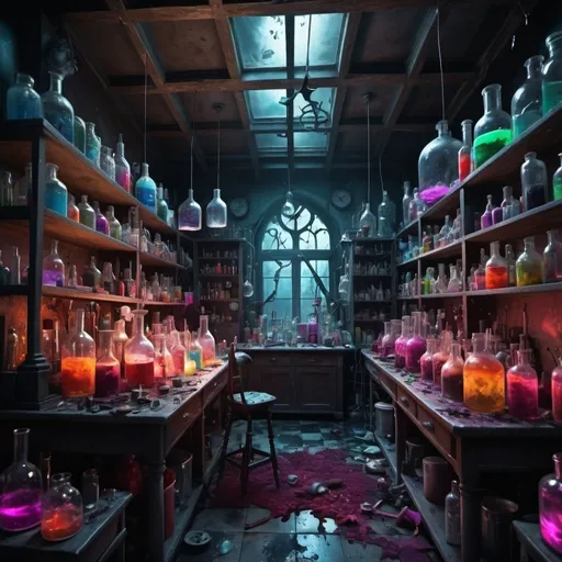 Prompt: Mad Scientist’s Lab, with insane mad Scientist cluttered laboratory with erratic experiments, bubbling concoctions, and scattered notes, all set in a disordered, almost manic environment.