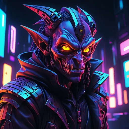 Prompt: Anime cyberpunk style (hobgoblin), ultra-detailed, vibrant neon colors, intricate designs, futuristic elements, high contrast, moody ambiance, dark background with softly glowing lights, striking urban landscape, mysterious atmosphere, emphasizes depth and realism, 4K resolution, captivating expression, blending nature with technology.