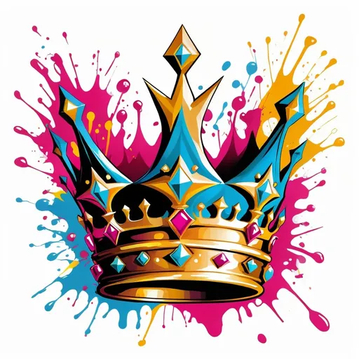 Prompt: Colorful graffiti illustration of a (gold crown) adorned with (rubies) and (diamonds), vibrant paint splashes, striking and dynamic vector design, perfect for (t-shirt art), high contrast against a (clean white background), showcasing an urban and artistic vibe, full of energy and creativity, ultra-detailed, modern, visually captivating.