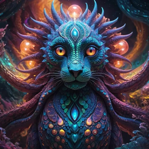 Prompt: (mystical creature from another dimension), ethereal, radiant colors, shimmering scales, enigmatic patterns, capturing movement and grace, (otherworldly atmosphere), floating amidst surreal landscapes, glowing orbs of light, deeply immersive, vibrant hues blending together, enigmatic features that provoke curiosity, intricate details that tell a story, (highly imaginative), 4K, ultra-detailed.