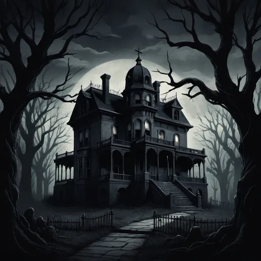 Prompt: (2D illustration) inspired by Edgar Allan Poe's "Berenice", haunting atmosphere, eerie shadows, gothic elements, detailed character depiction, delicate features, emotional expression, dramatic lighting casting deep contrasts, reminiscent of classic horror tales, rich textures resembling vintage art, intricate background with dark, twisted trees and an unsettling mansion, creating a stark sense of melancholy and obsession, (ultra-detailed).