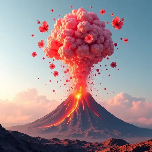 Prompt: A 3D landscape showing a volcanic eruption sending up a plume of ash that morphs into delicate hibiscus flower formations as it disperses in the sky.