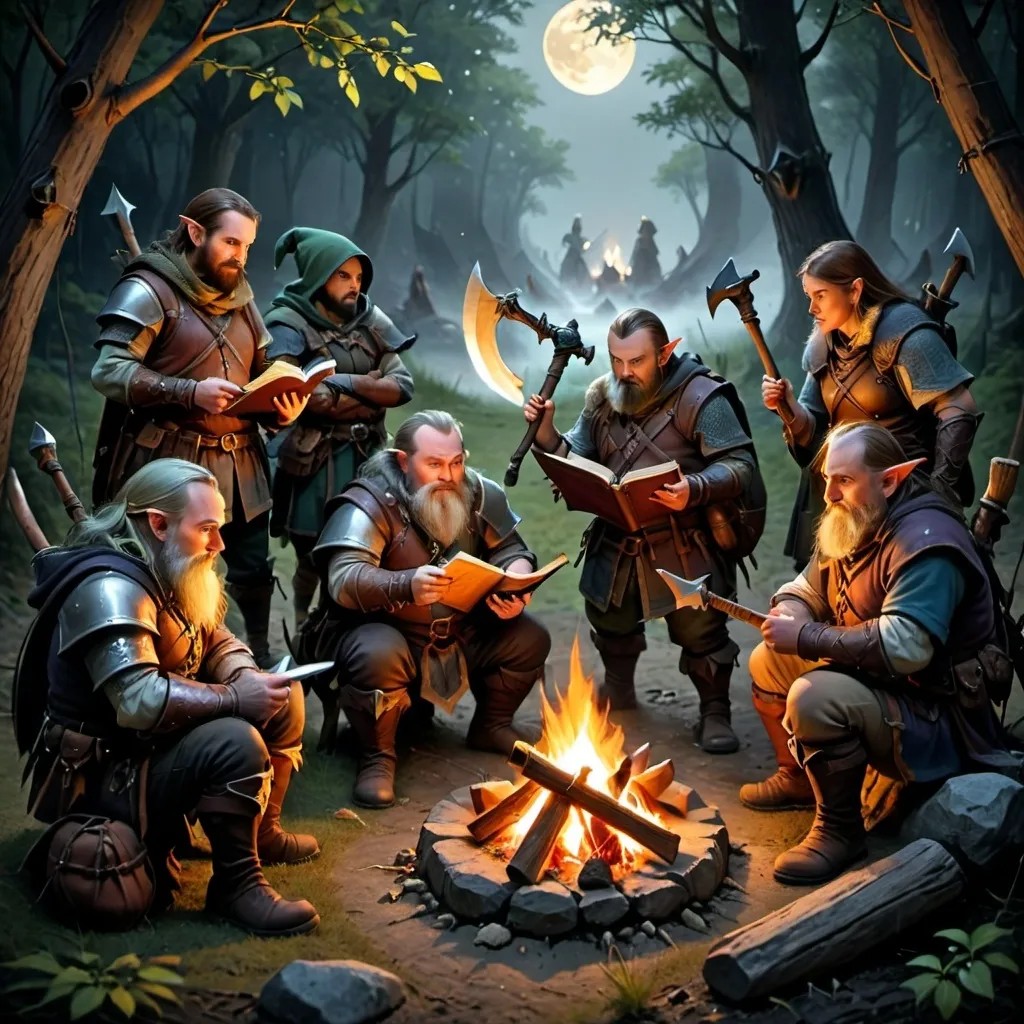 Prompt: Adventurers’ Camp: A group of adventurers gathered around a campfire in a moonlit clearing. Each character has distinct features— a rogue sharpening his daggers, a cleric reading an ancient tome, a dwarf warrior polishing his axe, and an elf ranger keeping watch from a nearby tree.