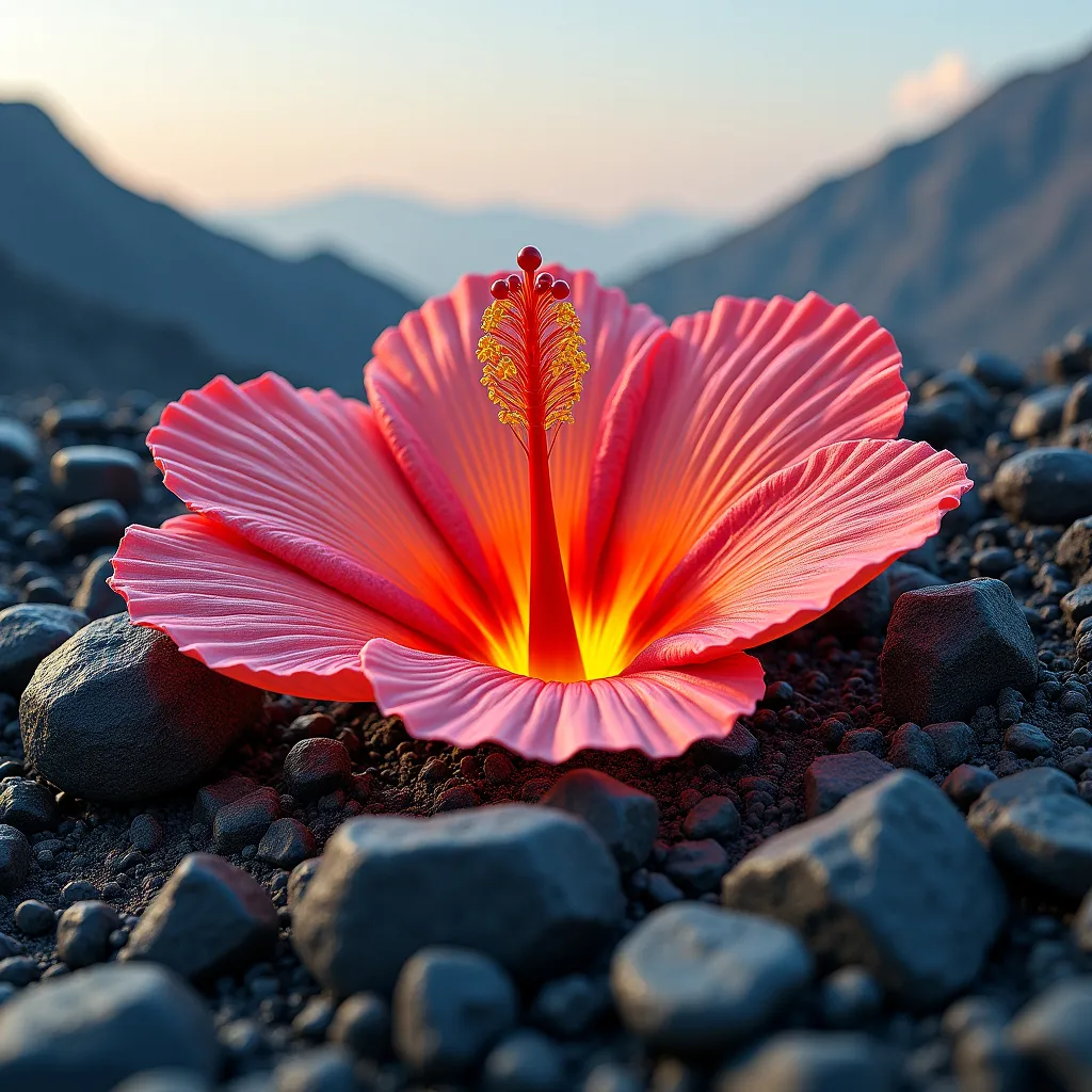 Prompt: Imagine a scene where a dormant volcano is transforming into a giant hibiscus bloom, with stone and ash fracturing to reveal lush, colorful petals beneath the surface.