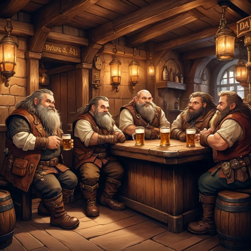 Prompt: (dwarf characters in a speak-easy tavern), (fantasy character art), (intricate details), cozy atmosphere, warm tone colors, dim lighting, richly textured wood, stone walls, charming bar setting, lively interaction, steampunk elements, dnd influence, inviting ambiance, animated expressions, fantasy footwear, tankards of ale, decorative tapestries, 4K ultra-detailed illustration.