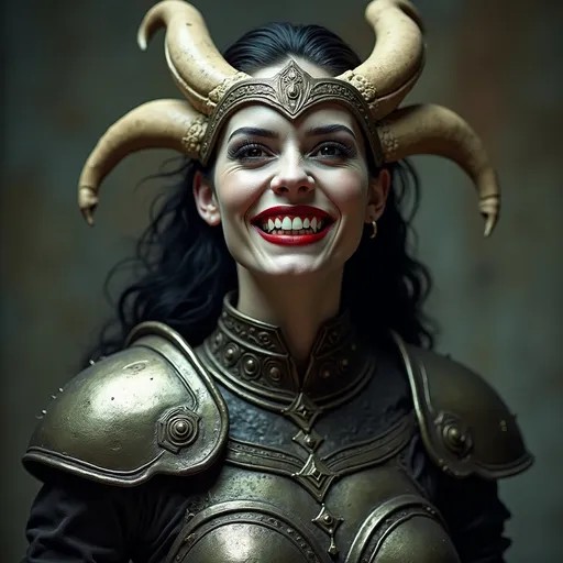 Prompt: full-body photo of an attractive female vampire warrior with sharp teeth, wearing ancient armor and a headdress made from bones, mouth open showing fangs in the style of H.R. Giger.