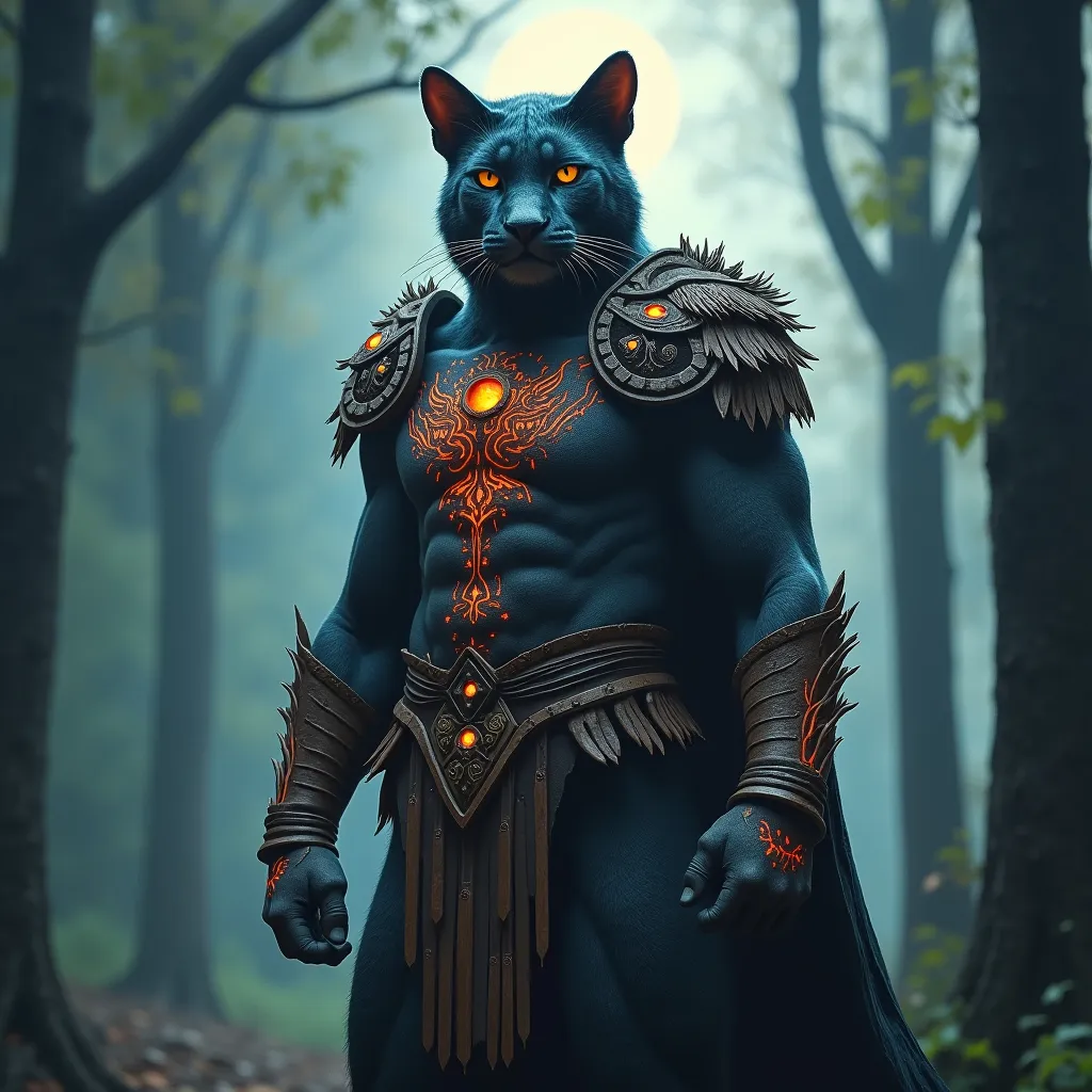 Prompt: Mystical Cat Hero, A hyper-realistic panther-like character in flowing, enchanted armor with glowing tribal markings. Their stance is calm and wise, with a mystical aura surrounding them, set against a forest with shafts of moonlight breaking through the trees.