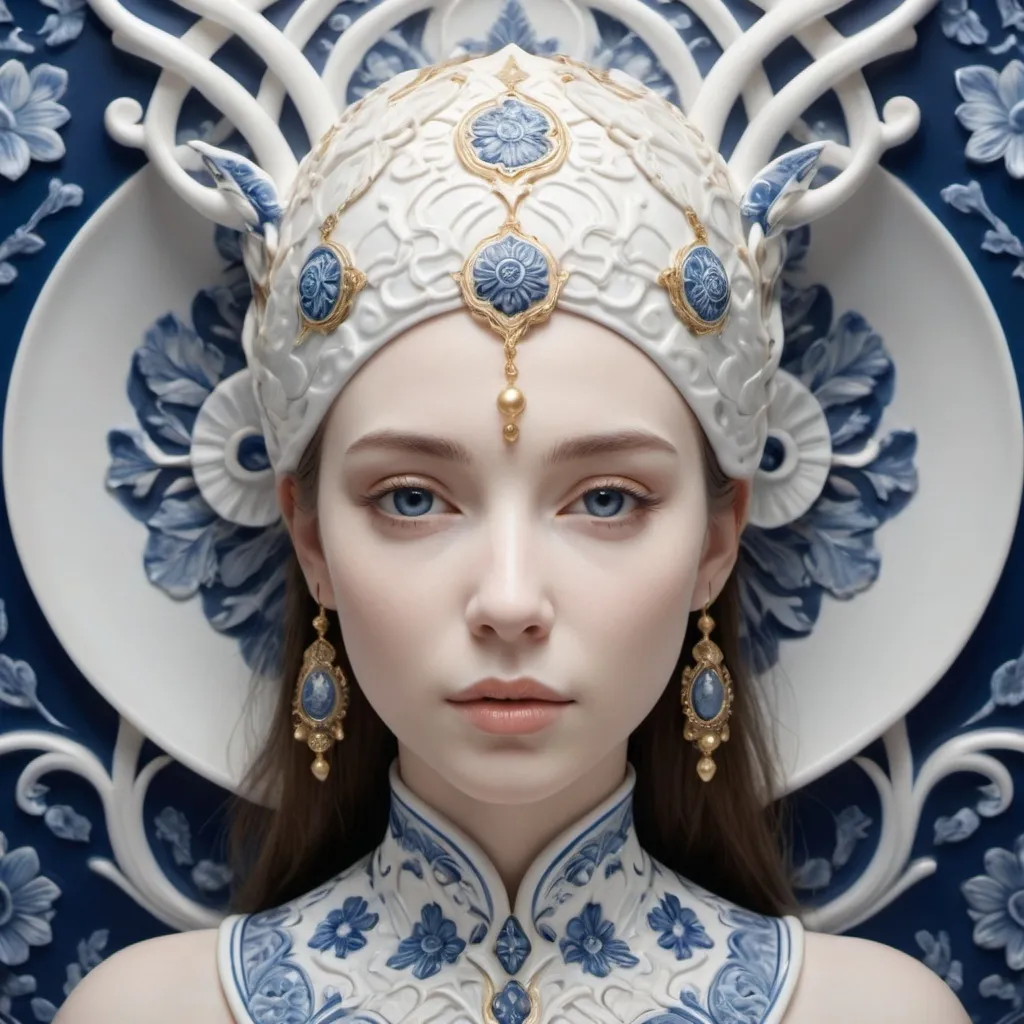 Prompt: (woman made out of porcelain), balanced symmetry, white and blue tones, hints of gold, detailed facial features, organic forms, meticulous portraiture, complex patterns, high-detailed, 4K, ultra-realistic, captivating and serene, ethereal atmosphere, intricately designed background, high contrast, crisp detailing, soft and elegant lighting, warm and inviting mood.