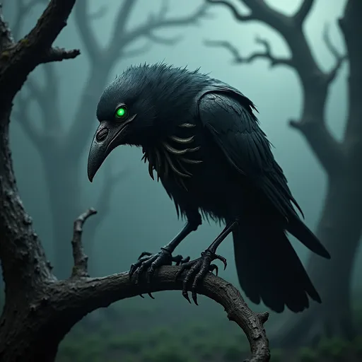 Prompt: A hyper-realistic 3D digital art of an undead crow. The crow is perched on a twisted, dark branch with decaying feathers, glowing eerie green eyes, and exposed bone structure. Its wings have a tattered, skeletal appearance with shadows and fog swirling around it. The environment is a gloomy, mist-covered graveyard at night with twisted trees in the background, creating a haunting and eerie atmosphere. The lighting highlights the undead nature of the crow, with an overall dark and ominous feel.