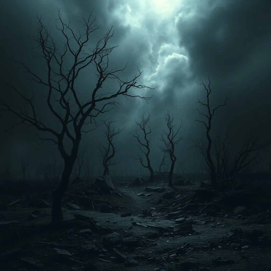 Prompt: (bitter downfall), a dramatic scene symbolizing loss and despair, dark and moody atmosphere, contrasting shadows and highlights, a crumbling landscape with barren trees and lost dreams, deep somber colors like charcoal grey and muted blues, feels bleak yet profound, high detail, cinematic composition, evokes deep emotions, 4K quality.