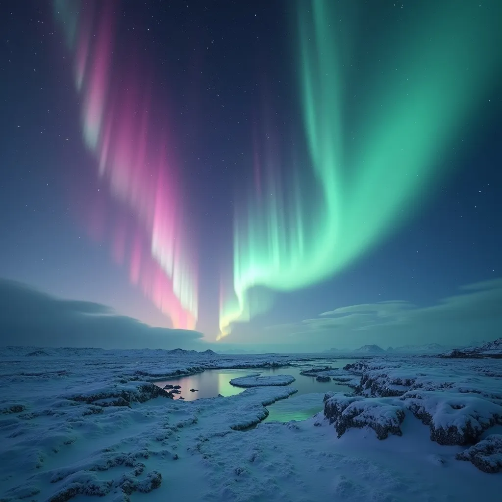 Prompt: Fractal Aurora: A fractal representation of the northern lights, with glowing ribbons of green, pink, and purple swirling endlessly in the sky. The landscape below is a detailed icy tundra, all rendered in breathtaking 4K realism.
