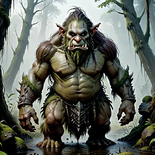 Prompt: (Troll of Khazad-dum), emerging from a dark, mystical swamp, (muscular and imposing figure), complex textures on skin, eyes glaring with determination, mist swirling around, eerie lighting casting shadows, rich greens and browns dominating the color palette, atmospheric tension, detailed surroundings include gnarled trees and murky waters, (highly detailed), (4K), cinematic.