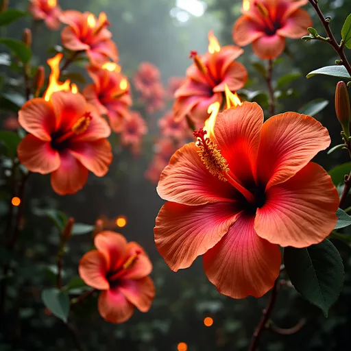 Prompt:  A surreal forest of giant hibiscus flowers with flames licking the edges of the petals, creating a contrast between the beauty of the flowers and the destructive power of the fire.