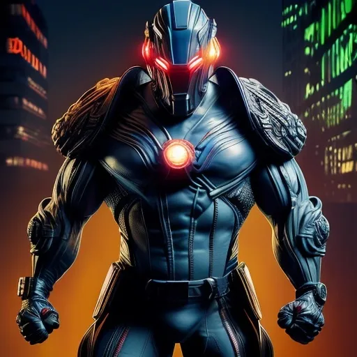 Prompt: Bishop from Marvel Comics, (dynamic pose), muscular build, serious expression, wearing a futuristic armored suit, detailed gloves and boots, (high-tech visor) glowing, (vibrant colors) with deep blues and fiery reds, (electric energy) surging around him, striking a heroic stance, (comic book style) with intricate linework, set against an action-packed urban backdrop, (4K, ultra-detailed).