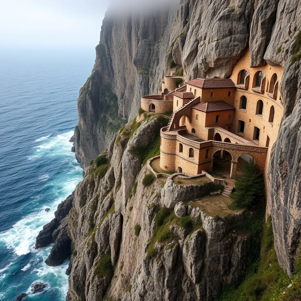 Prompt: Cliffside Monastery Overlooking the Sea: A majestic monastery built into the side of a steep cliff, overlooking a turbulent sea far below. The stone structure blends into the rocky landscape, and an ancient stone bridge connects the monastery to the mainland. Waves crash against the cliffs, while the monastery remains a symbol of resilience.