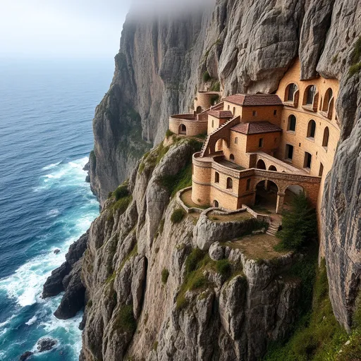 Prompt: Cliffside Monastery Overlooking the Sea: A majestic monastery built into the side of a steep cliff, overlooking a turbulent sea far below. The stone structure blends into the rocky landscape, and an ancient stone bridge connects the monastery to the mainland. Waves crash against the cliffs, while the monastery remains a symbol of resilience.