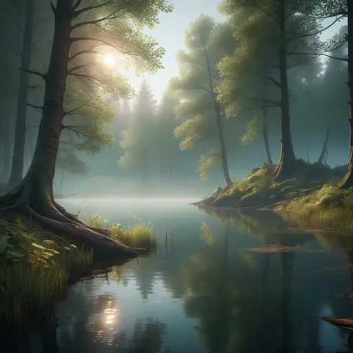 Prompt: (mysterious forest next to a lake), misty atmosphere, (high quality), (unreal engine), dim lighting, ethereal and dreamy, cool tones, subtle light rays, reflections on water, dense trees, shadows, serene and quiet, magical ambiance, high level of detail, 4K, ultra-detailed rendering, depth in colors, realistic environment, captivating mood, atmospheric scenery, digital rendering, meticulous textures