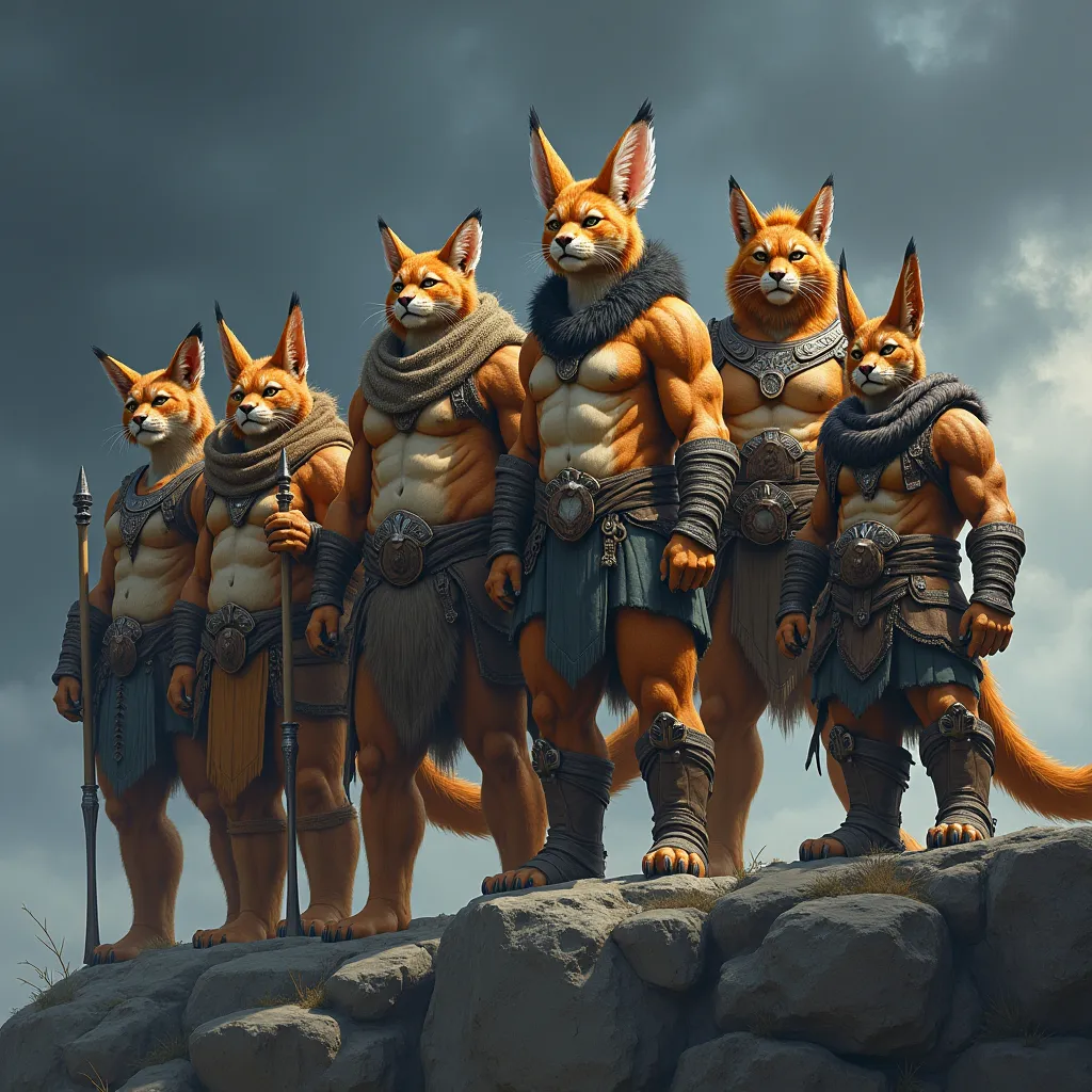 Prompt: A group of various big-cat hybrids with hyper-detailed features—each has unique fur patterns, armor, and weaponry. They stand together on a rocky cliff with a dark, moody sky behind, showcasing their distinct personalities and roles within the team.