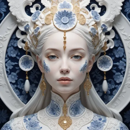 Prompt: (woman made out of porcelain), balanced symmetry, white and blue tones, hints of gold, detailed facial features, organic forms, meticulous portraiture, complex patterns, high-detailed, 4K, ultra-realistic, captivating and serene, ethereal atmosphere, intricately designed background, high contrast, crisp detailing, soft and elegant lighting, warm and inviting mood.