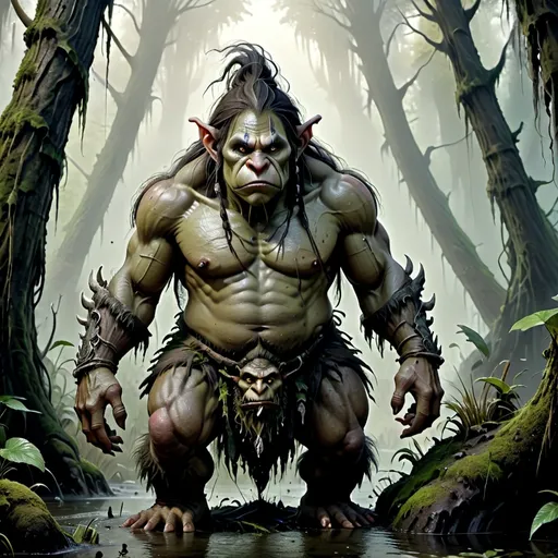 Prompt: (Troll of Khazad-dum), emerging from a dark, mystical swamp, (muscular and imposing figure), complex textures on skin, eyes glaring with determination, mist swirling around, eerie lighting casting shadows, rich greens and browns dominating the color palette, atmospheric tension, detailed surroundings include gnarled trees and murky waters, (highly detailed), (4K), cinematic.