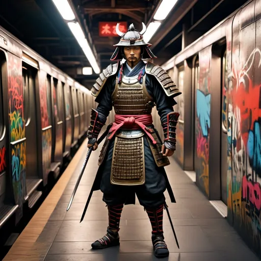 Prompt: Samurai warrior, (traditional armor) standing boldly in a modern subway, vibrant (gangster graffiti) covering the train walls, dynamic and urban vibe, contrasting elements of ancient tradition with contemporary street art, hyper-realistic details, (dramatic lighting) casting shadows, immersive atmosphere, surrounded by blurred motion of commuters, high quality, ultra-detailed 4K image.