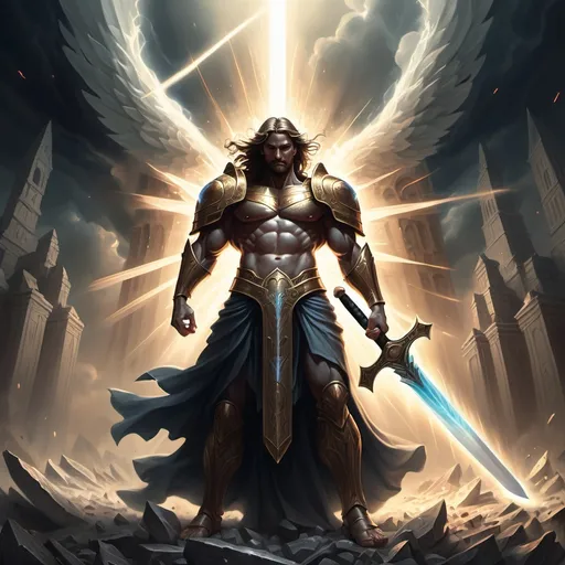 Prompt: A powerful, symbolic depiction of spiritual warfare. In the foreground, show an individual wielding an ethereal sword and shield, representing divine strength and the power of God. The weapons glow with otherworldly energy, symbolizing their divine origin. In the background, looming strongholds made of dark, shadowy material crumble and fall apart, symbolizing the breaking of arguments, pride, and thoughts against God's knowledge. The atmosphere is intense, with a contrast of light and darkness, symbolizing the battle between divine power and the forces of evil. The scene feels triumphant, illustrating 'the weapons of our warfare are not carnal, but mighty through God to the pulling down of strongholds.'