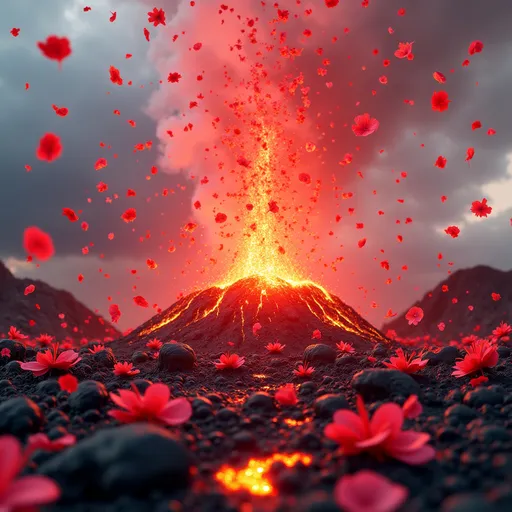 Prompt:  A 3D render where the ash rain from a volcanic eruption is replaced by soft, red and pink hibiscus petals falling gently over a smoldering landscape.
