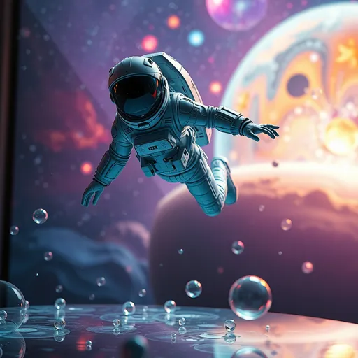 Prompt: (futuristic spaceman), flying over a table with bubbles and stars, celestial ambiance, (intricate biopunk and cyberpunk elements), ethereal background of a colorful planet and a vibrant star cluster, (highly detailed Beeple-inspired art), smooth lines and dramatic contrasts, ethereal lighting with bright highlights, cosmic depths, surreal atmosphere, (4K), ultra-detailed realism.