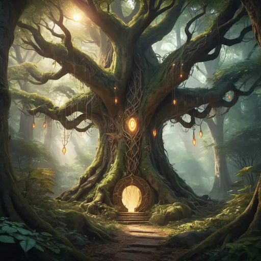 Prompt: hyper-realistic A dense, enchanted forest with towering trees whose branches are intertwined, creating a natural canopy. In the center, a mysterious glowing portal floats, surrounded by ancient runes and magical creatures like fairies and sprites.fantasy character art, illustration, dnd, warm tone