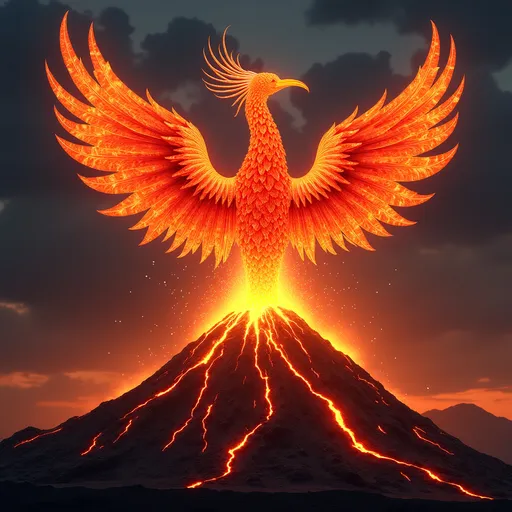 Prompt: Show a volcanic explosion that takes the shape of a phoenix with its wings made from intricate hibiscus petals, rising from the volcano’s peak.
