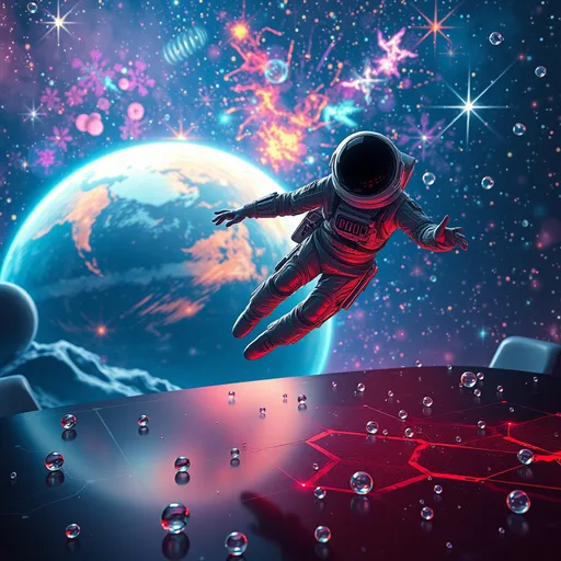 Prompt: (futuristic spaceman), flying over a table with bubbles and stars, celestial ambiance, (intricate biopunk and cyberpunk elements), ethereal background of a colorful planet and a vibrant star cluster, (highly detailed Beeple-inspired art), smooth lines and dramatic contrasts, ethereal lighting with bright highlights, cosmic depths, surreal atmosphere, (4K), ultra-detailed realism.