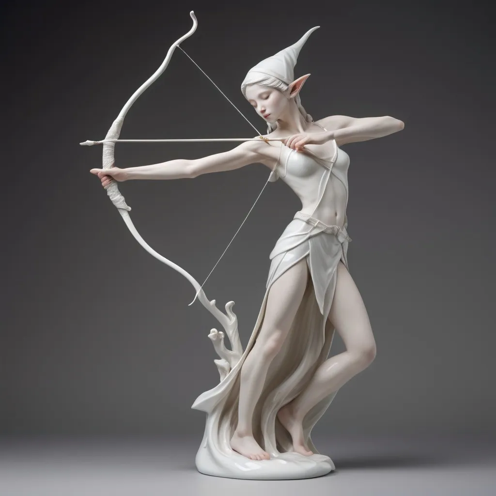 Prompt: (white glossy porcelain sculpture) of an Elf Archer, delicate features and precise posture, soft graceful curves, ethereal elegance, intricate detailing on the bow and quiver, serene expression, captivating aesthetic, (soft studio lighting) casting gentle shadows, emphasizing the smooth texture, minimalist background for focus, (ultra-detailed) high-quality depiction, captivating artistry in porcelain.