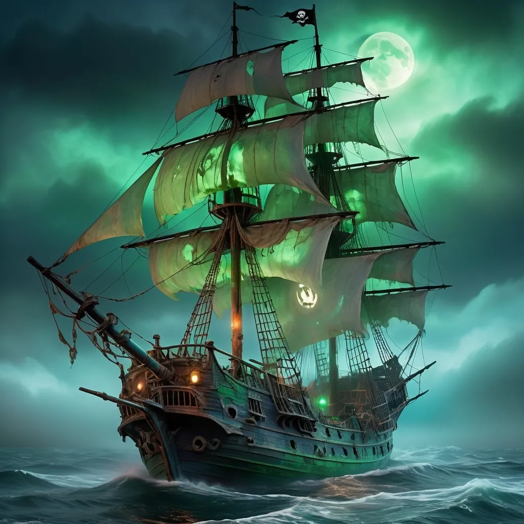 Prompt: (Ghost pirate ship), sailing through a dark foggy sea, eerie green and blue glow, tattered sails, broken masts, ghostly pirate crew visible on deck, spectral light emanating from ship windows, mysterious and spooky atmosphere, haunted shipwrecks in the background, turbulent waves, overcast skies with hints of moonlight breaking through, highly detailed, ultra-dramatic lighting, intricate textures, gothic and haunting theme, 4K.