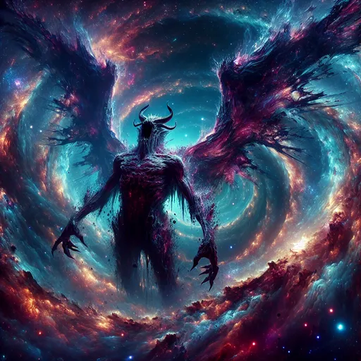 Prompt: (demonic creature), colossal wings, massive flesh-covered body, (immersed in stars), (galaxy background), vibrant cosmic colors, (cinematic lighting), richly detailed textures, epic shadows, captivating ambiance, (concept art), inspired by Eddie Mendoza, (weta digital), disturbing yet captivating aesthetic, (fantastical art), 4K, ultra-detailed.